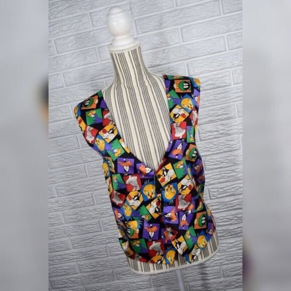 Vintage Looney Tunes Mania Character Silk Vest Size Large Extra Large Multicolor - Picture 1 of 6